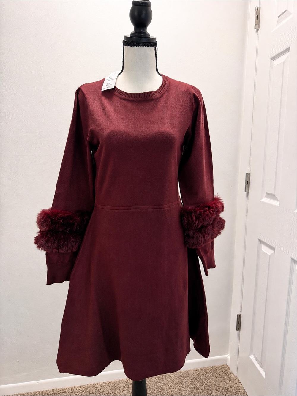 Birch NY Burgundy Faux Fur Sleeve Knit Dress – Size M – New With Tags